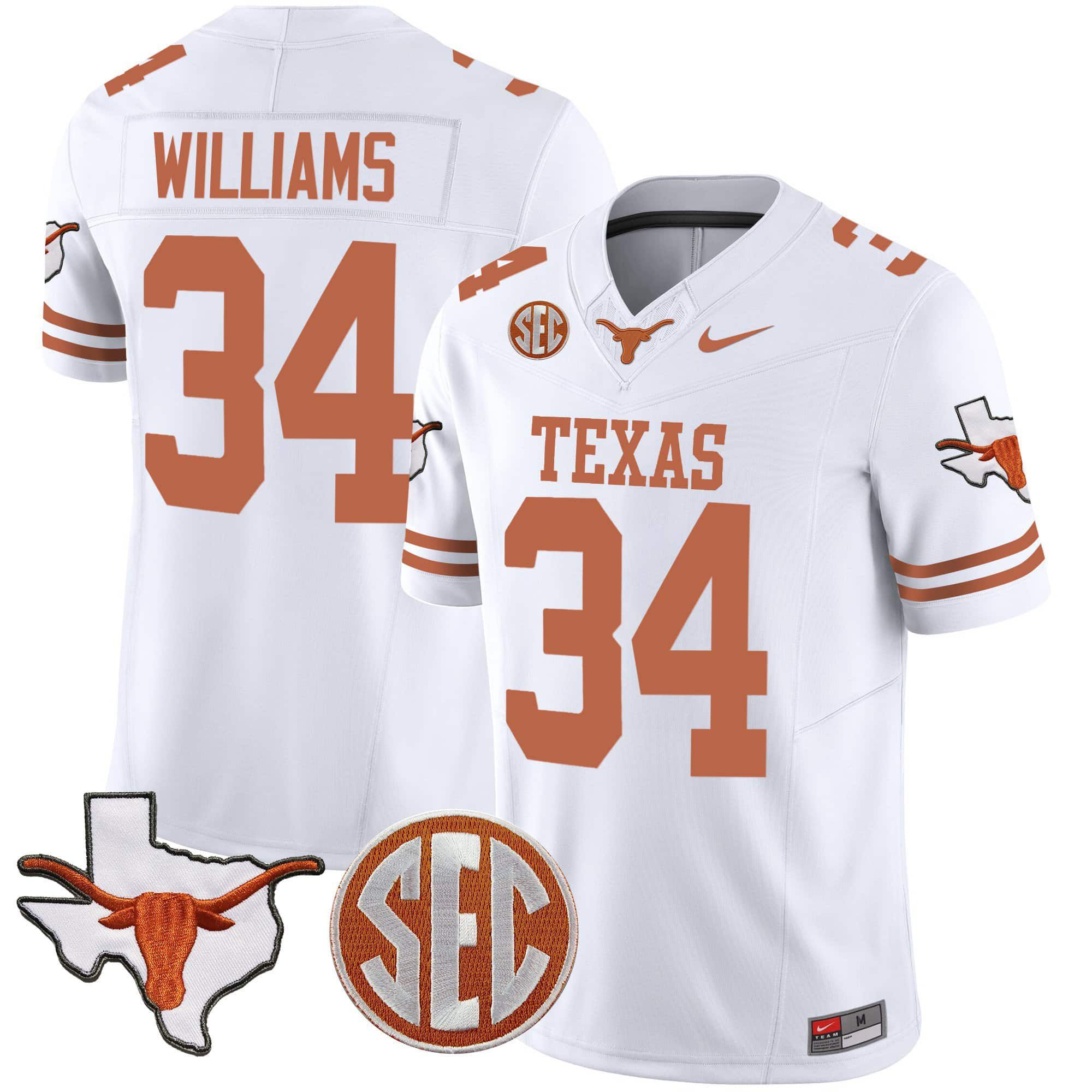 Men Texas Longhorns #34 Williams White 2024 Nike State Map & SEC Patch Vapor NCAA Jersey